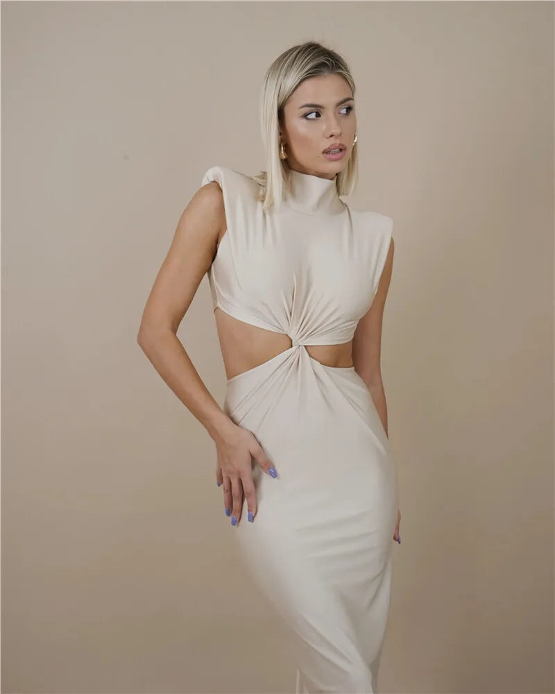 Hollow Out Turtleneck Sexy Maxi Dress For Women Fashion Solid Sleeveless Bodycon Tank Dresses Femme Club Party Dress