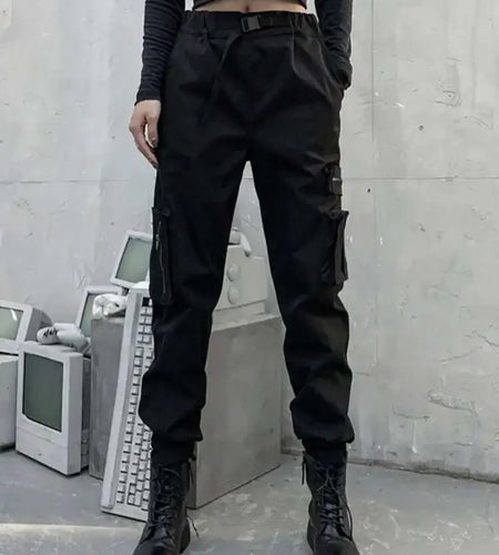 High Elastic Waist Black Belted Zipper Pockets Pants New Loose Fit Trousers Women Fashion Tide Spring Autumn 2025 1DF4632