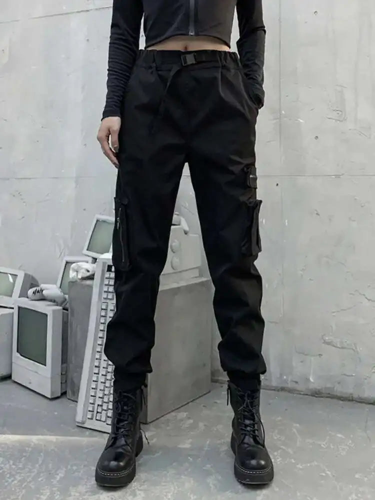 High Elastic Waist Black Belted Zipper Pockets Pants New Loose Fit Trousers Women Fashion Tide Spring Autumn 2025 1DF4632