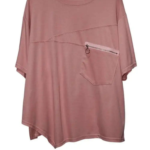 Load image into Gallery viewer, Women Black Irregular Hem Zipper Big Size Casual T-shirt New Round Neck Short  Sleeve Fashion Spring Summer 2025 1DJ0619
