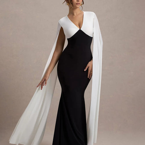 Load image into Gallery viewer, Cape Sleeve V Neck Sexy Maxi Dress For Women White Black Patchwork Backless Bodycon Evening Sexy Long Dress Elegant
