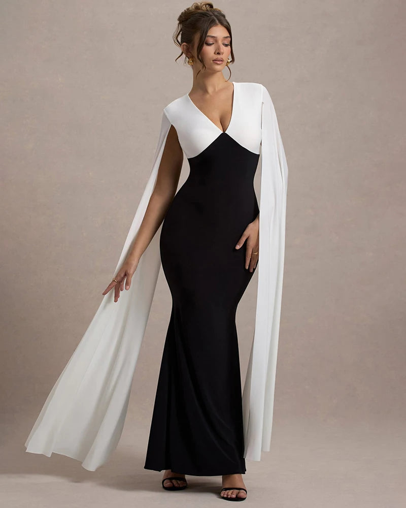 Cape Sleeve V Neck Sexy Maxi Dress For Women White Black Patchwork Backless Bodycon Evening Sexy Long Dress Elegant