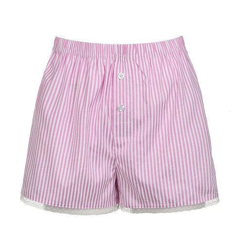 Load image into Gallery viewer, Sweet Casual Pink Stripe Summer Shorts Women Hottie Buttons Lace Trim Korean Homewear Hotpants Short Basic Holidays
