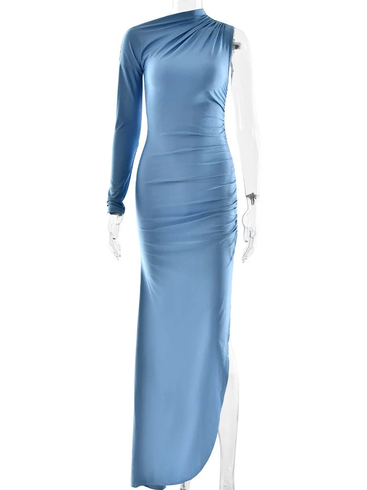 Elegant Single Sleeve High Elasticity Tight Fold Dress Women New 2025 Winter Party Club Evening Dress Bodycon Vestdos