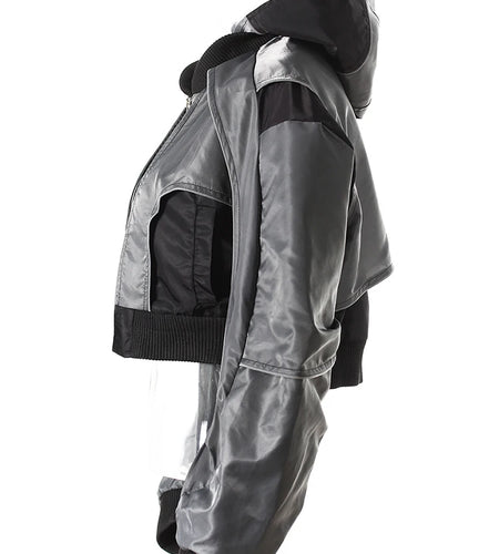 Gray Color-block Pleated Big Size Short Jacket New Hooded Long Sleeve Women Coat Fashion Tide Spring Autumn 2025  7AB4742