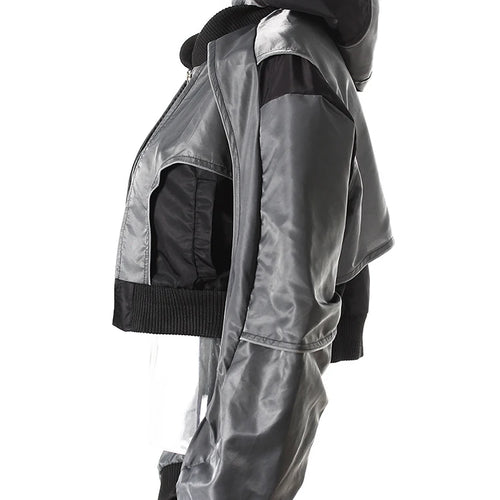 Load image into Gallery viewer, Gray Color-block Pleated Big Size Short Jacket New Hooded Long Sleeve Women Coat Fashion Tide Spring Autumn 2025  7AB4742
