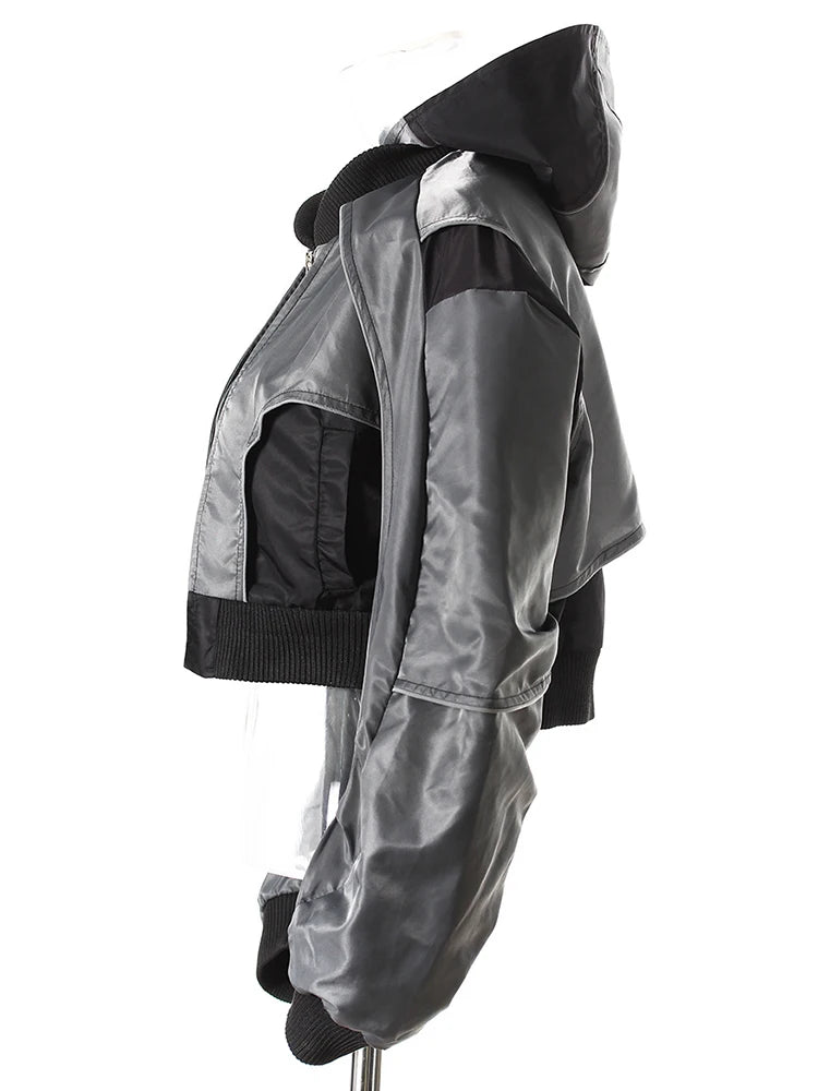 Gray Color-block Pleated Big Size Short Jacket New Hooded Long Sleeve Women Coat Fashion Tide Spring Autumn 2025  7AB4742