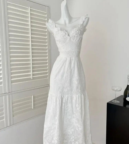 French White Flower Lace Backless Vacation Long Dress Summer Sexy V-neck High Waist Party Elegant Sleeveless Ruffles Dress Women