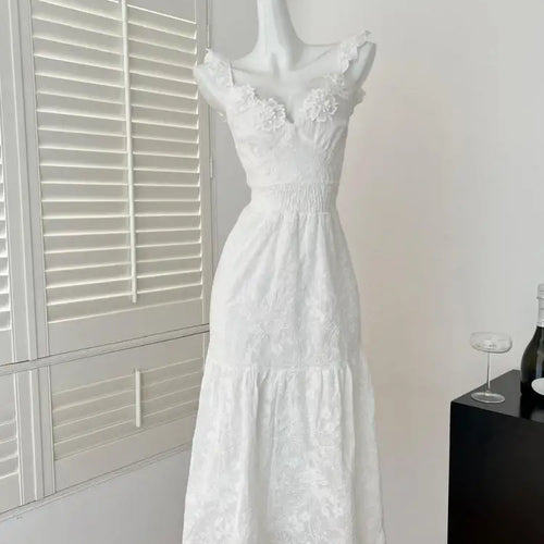 Load image into Gallery viewer, French White Flower Lace Backless Vacation Long Dress Summer Sexy V-neck High Waist Party Elegant Sleeveless Ruffles Dress Women
