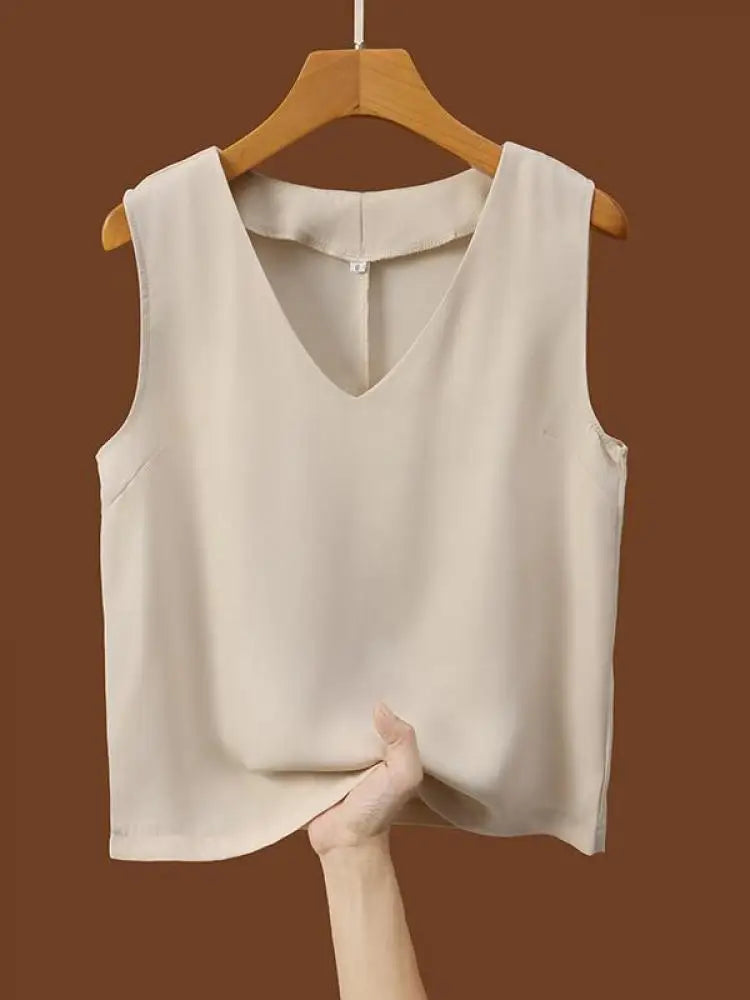 Women Summer Black White Festival Tank Tops Casual Brown Beige Lady V-neck Sleeveless Versatile Short Vest Clothing Simplicity