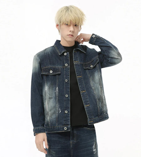 High Street Men's Two-piece Sets Worn-out Plotch Hole Turn-down Collar Denim Jackets Straight Wide Leg Male Jeans 9C8969