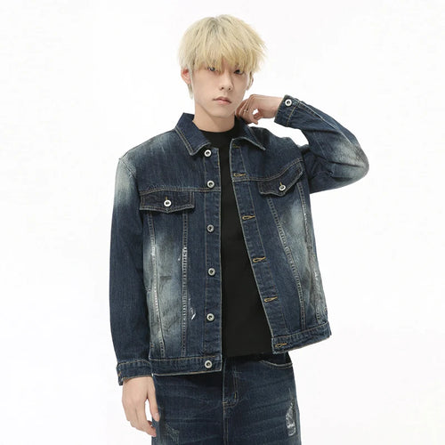 Load image into Gallery viewer, High Street Men&#39;s Two-piece Sets Worn-out Plotch Hole Turn-down Collar Denim Jackets Straight Wide Leg Male Jeans 9C8969

