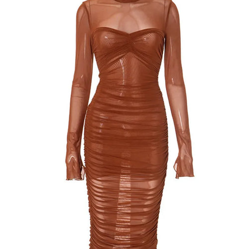 Load image into Gallery viewer, Elegant Mesh Patchwork Elastic Dress Women 2025 New Winter Solid Color High Neck Long Sleeve Sexy Perspective Vestido
