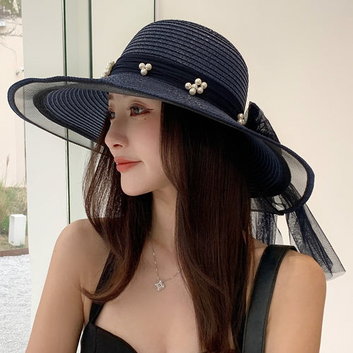 Load image into Gallery viewer, Women&#39;s Summer Hat Fashion Wave Mesh Pearl Design Straw Sun Hat Female Travel  Beach Bucket Hat
