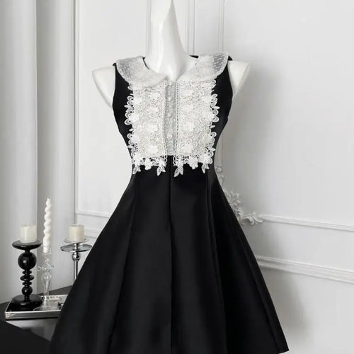 Load image into Gallery viewer, French 2025 Women Black Patchwork Lace Elegant Sleeveless Button High Waist Short Vest Dress Summer Birthday Party Mini Dresses
