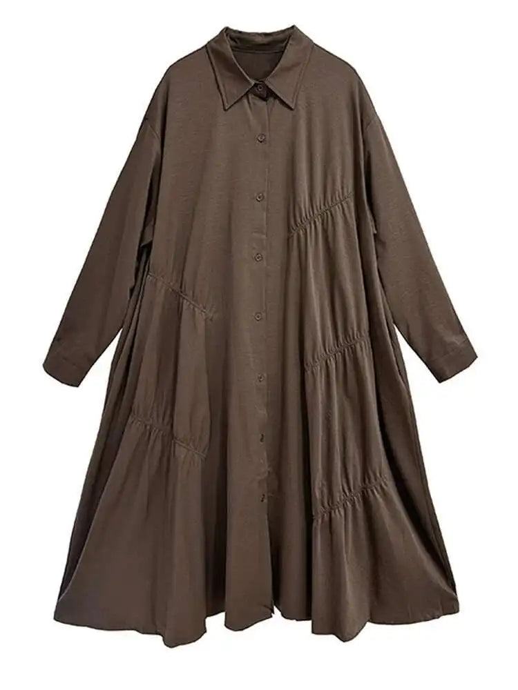 Women Coffee Pleated Spliced Big Size Midi Shirt Dress New Lapel Long Sleeve Fashion Tide Spring Autumn 2025 1DH7416