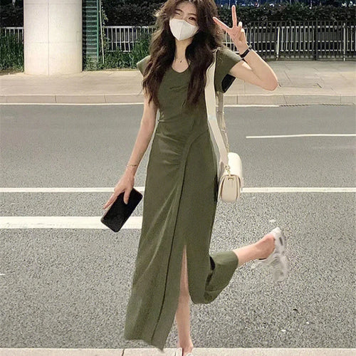 Load image into Gallery viewer, Chic Green Slim Waist Elegant Women&#39;s Dresses Summer Pleated Slight Stretch Sexy Fashion Female Dresses High Street
