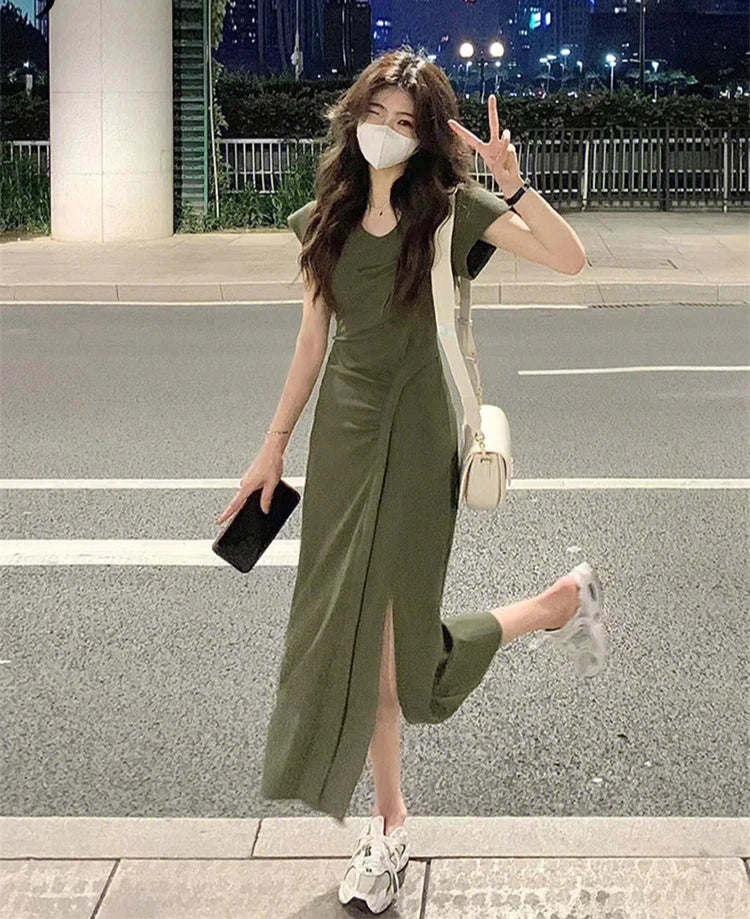 Chic Green Slim Waist Elegant Women's Dresses Summer Pleated Slight Stretch Sexy Fashion Female Dresses High Street