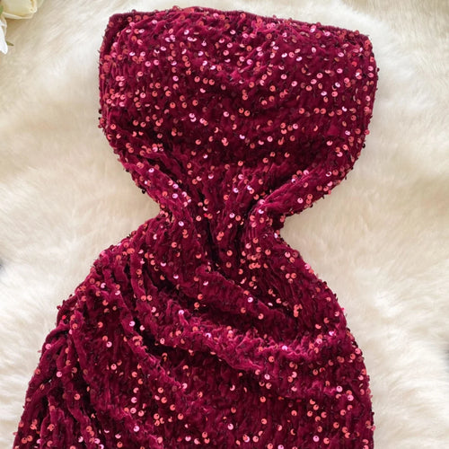 Load image into Gallery viewer, French Women Red Sequin Backless Birthday Party Strapless Split Long Dress Summer Elegant Sexy Sleeveless Pleated Evening Dress
