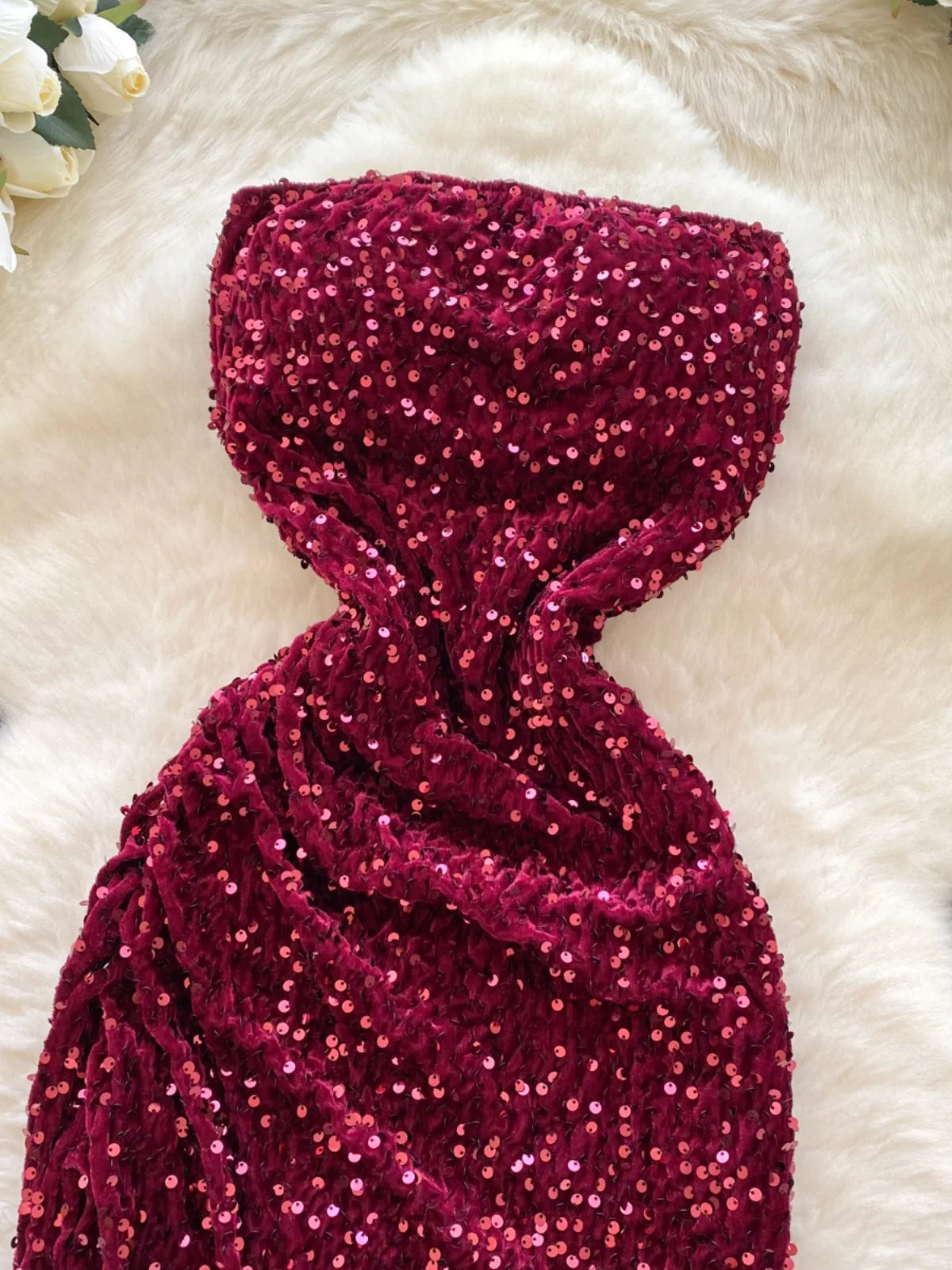 French Women Red Sequin Backless Birthday Party Strapless Split Long Dress Summer Elegant Sexy Sleeveless Pleated Evening Dress