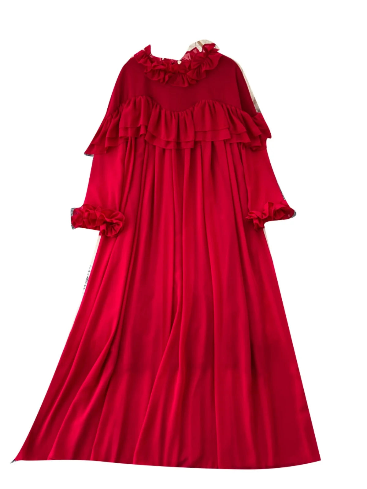 French 2024 Autumn New Solid Elegant Ruffle Edge Neck Long Sleeves Dress Women Vintage Loose Vacation Pleated Dress Popular Chic