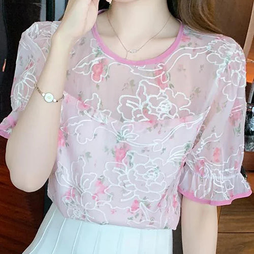 Load image into Gallery viewer, Printed Lace Summer New Women’s Blouses Embroidery O-neck Puff Sleeve Female Blouse Elegant Fashion Streetwear Outfits
