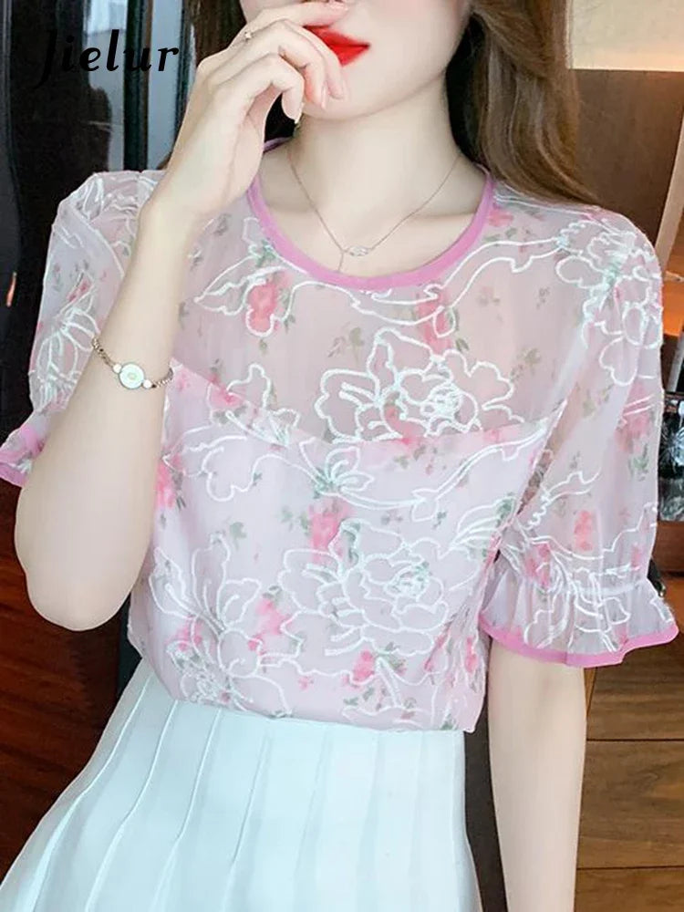 Printed Lace Summer New Women’s Blouses Embroidery O-neck Puff Sleeve Female Blouse Elegant Fashion Streetwear Outfits