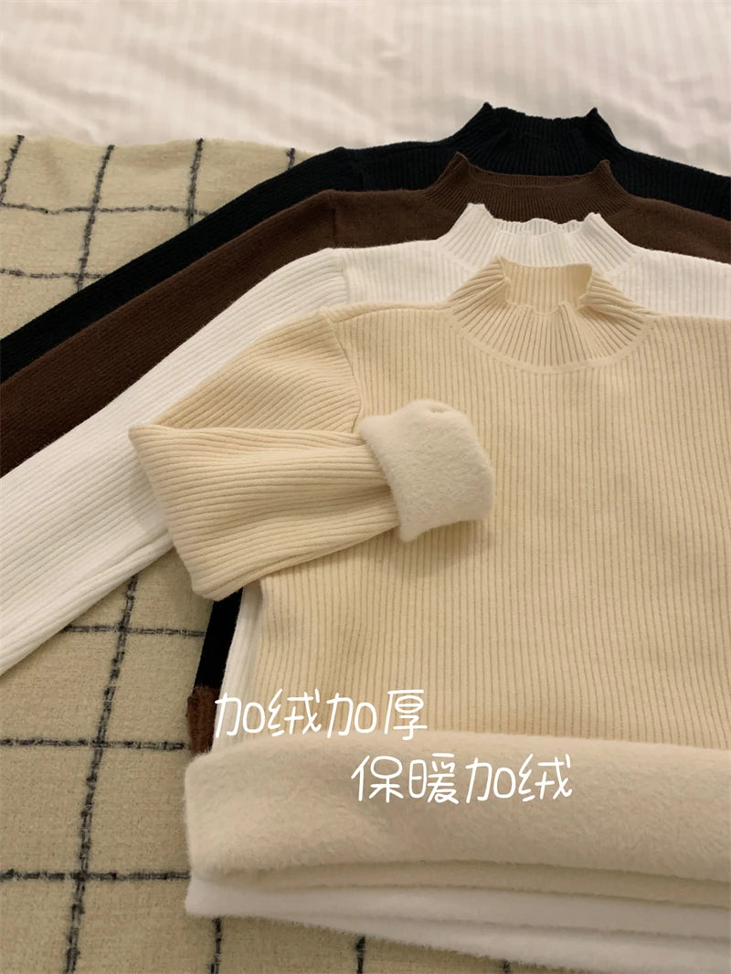 Solid Warm Elegant Fashion Half Turtleneck Sweater Women 2023 Autumn Winter Vintage Basic Long Sleeve Plush Pullover Tops Simple