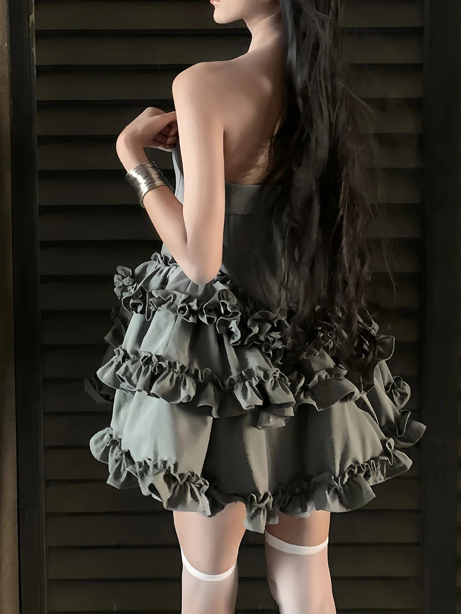 Solid Spliced Ruffles Slimming Dresses For Women Strapless Sleeveless High Waist Temperament Mini Dress Female New