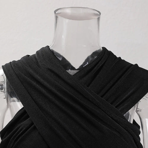 Load image into Gallery viewer, Women Black Cross Irregular Pleated Elegant T-shirt New Round Neck Sleeveless Fashion Tide Spring Summer 2025 CPDB102
