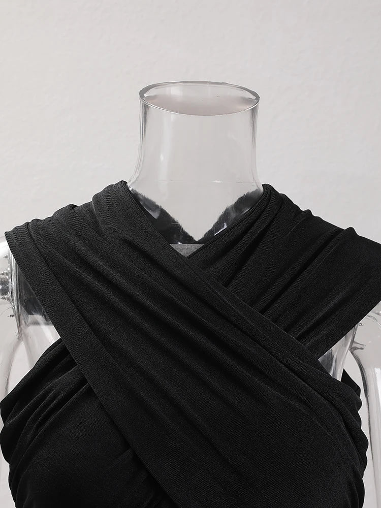Women Black Cross Irregular Pleated Elegant T-shirt New Round Neck Sleeveless Fashion Tide Spring Summer 2025 CPDB102