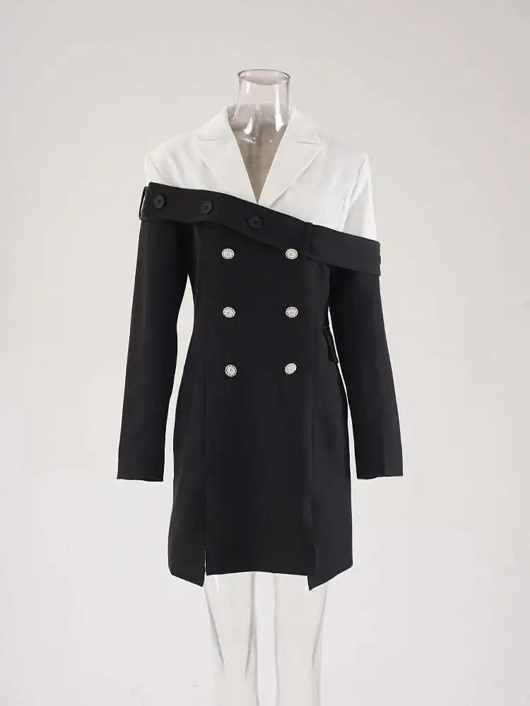 Women Black Double Breasted Color-block Mini Blazer Dress New Lapel Long Sleeve Fashion Tide Spring Autumn 2025 CPDB254
