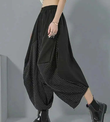 High Elastic Waist Black Irregular Striped Pants New Loose Fit Trousers Women Fashion Tide Spring Autumn 2025 1DF4666