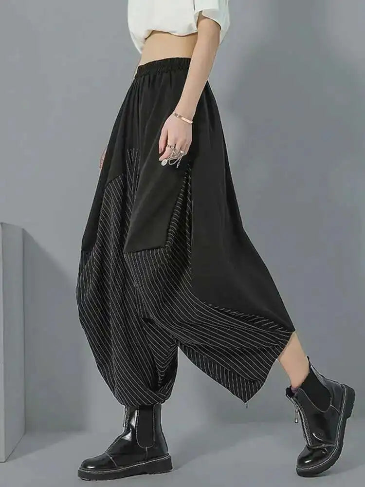 High Elastic Waist Black Irregular Striped Pants New Loose Fit Trousers Women Fashion Tide Spring Autumn 2025 1DF4666