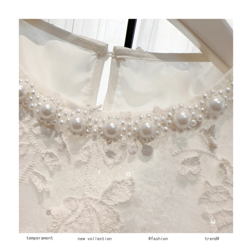 Load image into Gallery viewer, French Vintage Women White Lace Elegant Hollow Out Long Sleeve Shirt 2024 New Autumn Winter Pearl Round Neck Holiday Blouse Tops
