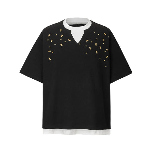 Load image into Gallery viewer, Men&#39;s Short Sleeve T-shirts Fake Two-piece Trendy V-neck Design T-shirt Nail Buckle Decoration Summer Male Top 9W1780
