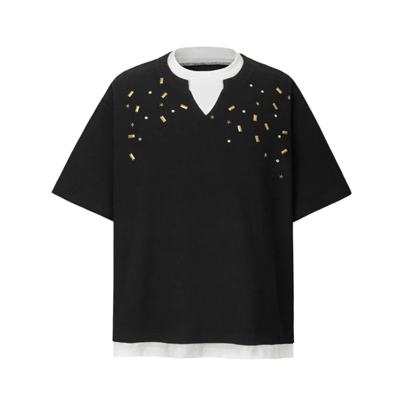 Men's Short Sleeve T-shirts Fake Two-piece Trendy V-neck Design T-shirt Nail Buckle Decoration Summer Male Top 9W1780