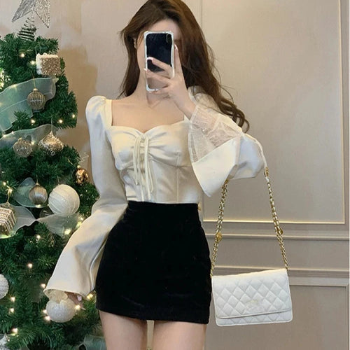 Load image into Gallery viewer, Spring Long Sleeve Elegant Satin Blouse Women Slim Square Neck Y2k Clothing Korean Fashion Casual Shirts Office Lady Tops
