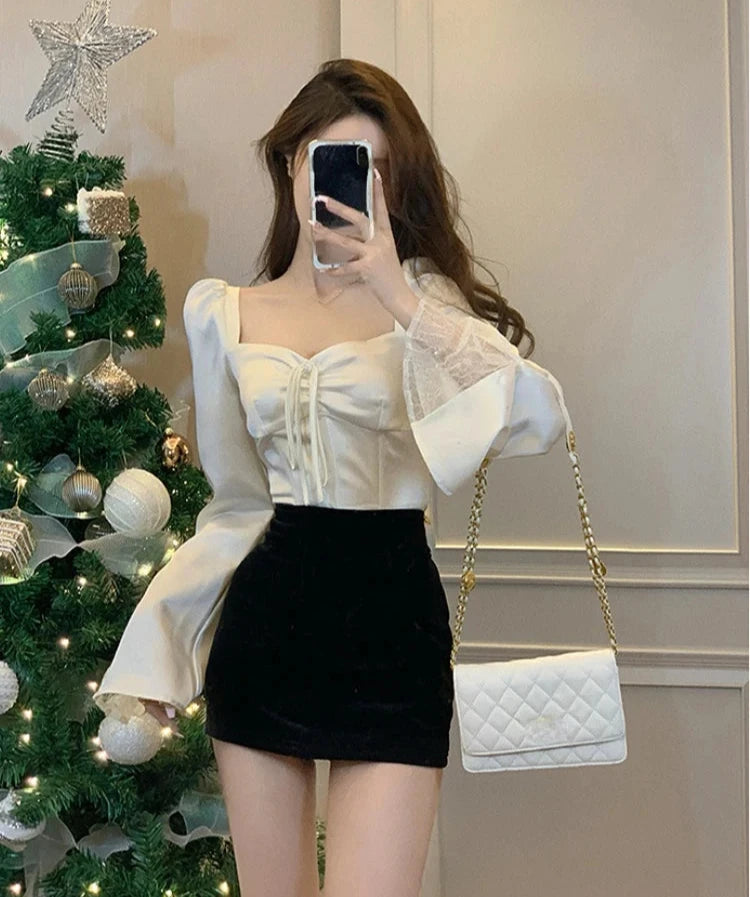 Spring Long Sleeve Elegant Satin Blouse Women Slim Square Neck Y2k Clothing Korean Fashion Casual Shirts Office Lady Tops