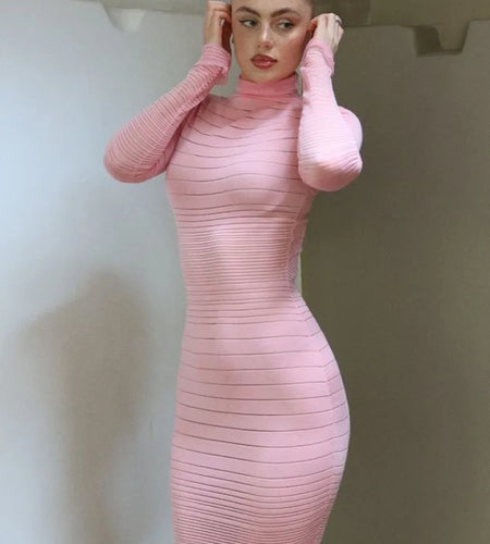 Elegant Long Sleeved Sweater Knit Dress Women Stretch Tight Striped Bodycon Party Evening Dress Fashiona Street Vestido