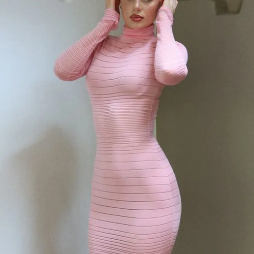 Load image into Gallery viewer, Elegant Long Sleeved Sweater Knit Dress Women Stretch Tight Striped Bodycon Party Evening Dress Fashiona Street Vestido
