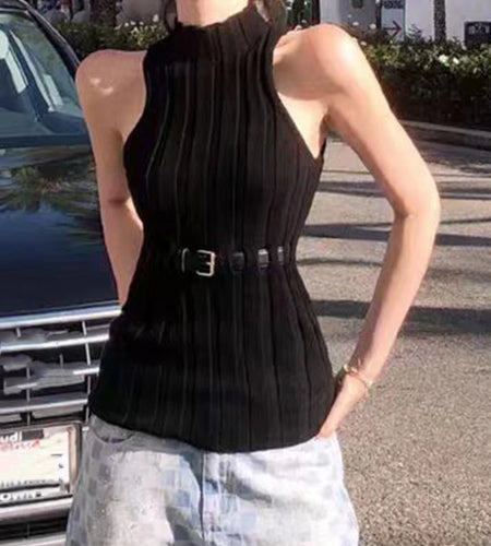 Solid Slimming Spliced Striped Minimalist Vests for Women Stand Neck Sleeveless Patchwork Belt Fashion Vest Female