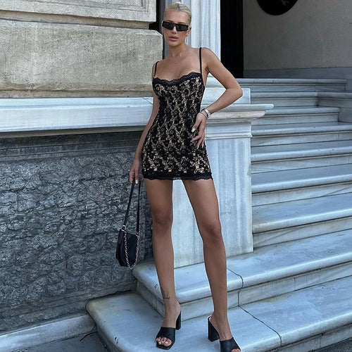 Load image into Gallery viewer, Lace Spaghetti Strap Sexy Mini Dress For Women Robe Fashion Off-shoulder Sleeveless Backless Floral Print Skinny Dress
