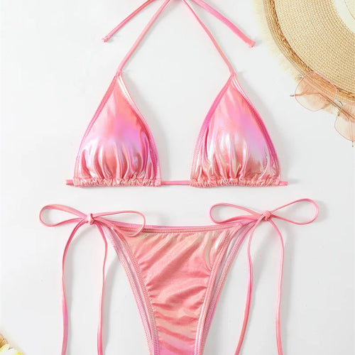 Load image into Gallery viewer, Halter Swimwear Shiny Pink Bikini Sets 2024 Sexy Bandage Women Swimsuit Brazilian Biquini Thong Bathing Suit
