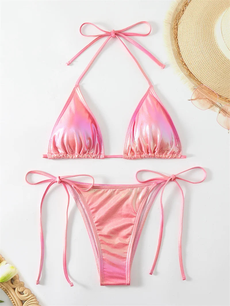 Halter Swimwear Shiny Pink Bikini Sets 2024 Sexy Bandage Women Swimsuit Brazilian Biquini Thong Bathing Suit