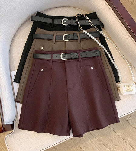 French Fashion Women Black Red Elegant Shorts Autumn Winter Brown High Waist Ladies Versatile Pleated A-line Short Pant Casual