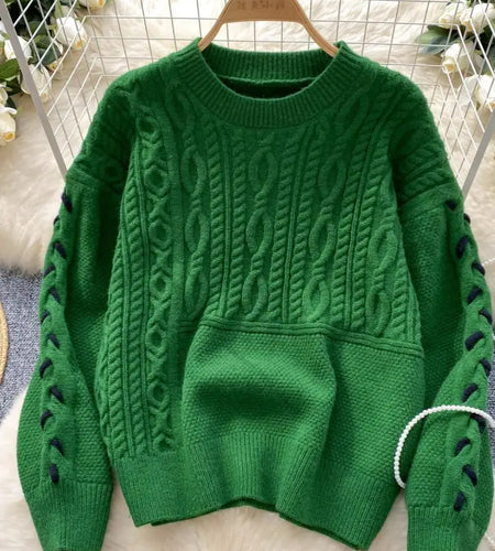Korean Women Fashion Festival Short Pullover Tops Autumn Winter Vintage Round Neck Loose Knitted Twists Sweater Ladies Popular