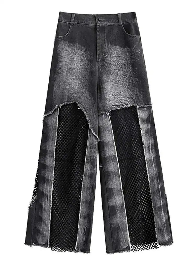 High Waist Blue Hollow Out Mesh Denim Wide Leg Jeans New Women Trousers Loose Fashion Tide Spring Autumn 2025 1DH4343