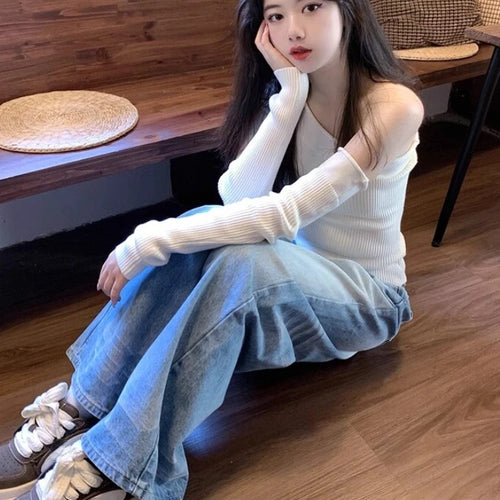 Load image into Gallery viewer, Harajuku Skew Collar Slim Fit T-shirts 2025 Spring Streetwear White Knitted Grunge Tops Women Sexy Y2k Aesthetic Cropped Tees
