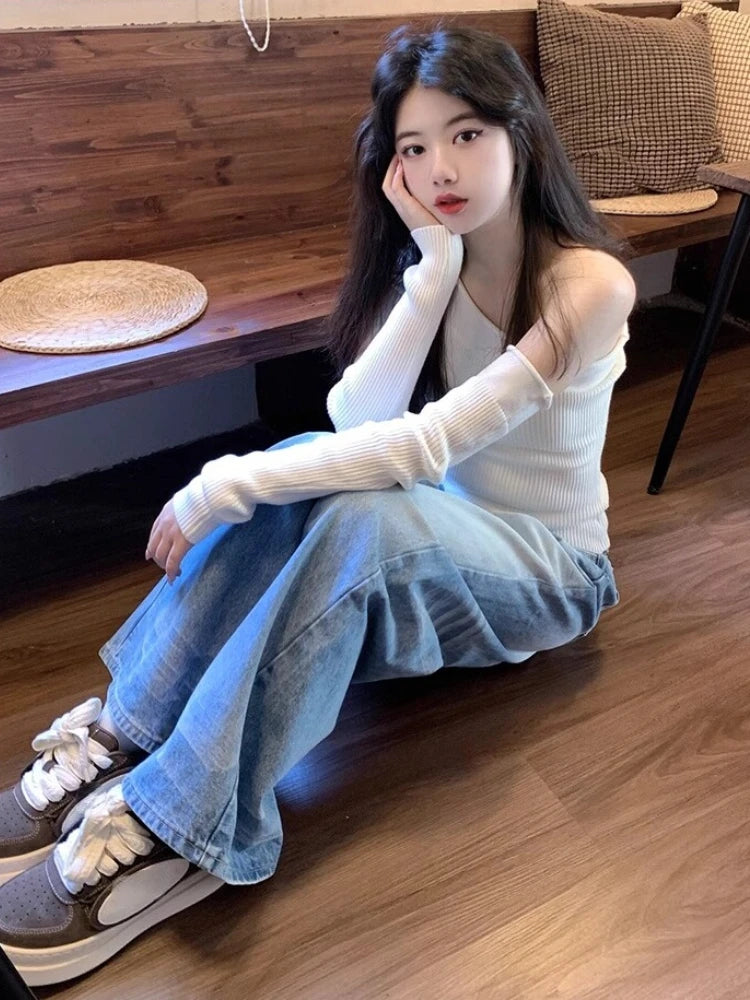 Harajuku Skew Collar Slim Fit T-shirts 2025 Spring Streetwear White Knitted Grunge Tops Women Sexy Y2k Aesthetic Cropped Tees